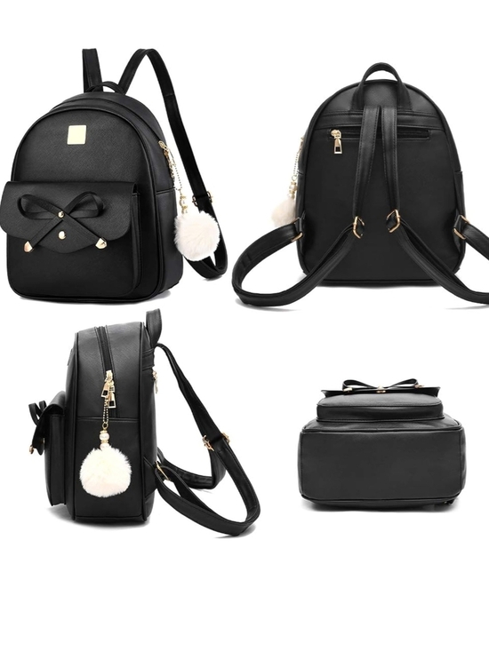 Women’s Black Faux Leather Backpack Set with Round Crossbody and Cardholder